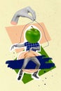 Creative trend collage of man green apple instead head puppet marionette big hand control juice alcohol beverage advert