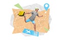 Creative trend collage of millennial excited running young man boarding pass airport ready travel map arrow dotted line