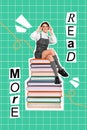 Creative trend collage of millennial young attractive woman schoolgirl college university student pile books learn read