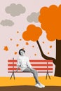 Creative trend collage of relaxing happy beautiful young woman sitting park bench enjoy autumn falling leaves nature