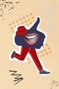 Creative trend collage of running person thumb up social media like icon reaction big mouth smile hat instead head