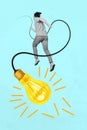 Creative trend collage of running young man holding cord wire electric light bulb fast hurry genius idea businessman Royalty Free Stock Photo