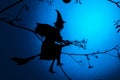 Creative trendy Halloween background with a flying witch silhouette a blue neon light background. Copy space. Halloween card Royalty Free Stock Photo