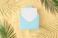 Creative tropical background with green tropical leaves and shadow on sandy background and open envelope with card Royalty Free Stock Photo