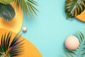 A creative tropical composition featuring geometric shapes and lush palm leaves against a vibrant pastel backdrop Royalty Free Stock Photo