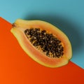 Creative tropical layout with papaya on colorful vivid paper. Minimal abstract summer concept. Flat lay