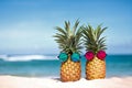 Creative tropical pineapple pair in sunglasses on sandy beach