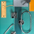 Creative turquoise mood board for interior design with door handles and hinge and lock