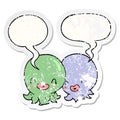 A creative two cartoon octopi and speech bubble distressed sticker