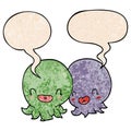 A creative two cartoon octopi and speech bubble in retro texture style