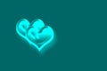Creative two heart shapes drawn with green glowy color on a green background Royalty Free Stock Photo