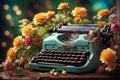 Creative Typewriter and flowers background