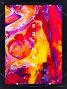 Creative universal cover with textures. Red, yellow and orange liquid paints mixing background. Hand drawn wave pattern