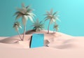 mock summer cyber phone palm creative up concept sea sand holiday. Generative AI.