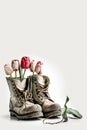 Creative Upcycling of Old Leather Boots with Pink Stripy Tulips on White Background, AI Generative