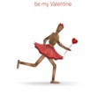 Creative valentine card, hurry up be my valentine idea, realistic wooden marionette running with red heart isolated