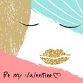 Creative Valentine Day illustration with girl portrait with golden lips.