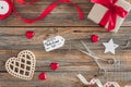 Creative Valentine's Day background with gift tags and box, top view. Royalty Free Stock Photo