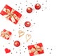 Creative Valentine`s Day greeting card with red decorations and gift boxes, golden heart confetti on white background, copy space Royalty Free Stock Photo