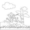 Creative vector childish Illustration of a cute kitty cat and monkey running in the junggle with cartoon style. Childish design