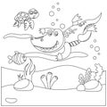 Creative vector childish Illustration. Diving with funny aligator and turtle with cartoon style. Childish design for kids activity