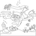Creative vector childish Illustration. Diving with funny cat and turtle with cartoon style. Childish design for kids activity