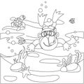 Creative vector childish Illustration. Diving with funny monkey and turtle with cartoon style. Childish design for kids activity