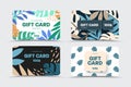 Creative vector gift card with blue, green, nude tropical leaves, palms, monsters, abstract design elements Royalty Free Stock Photo