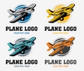Creative vector illustration aircraft. Drawing airplane logo in four color mode. Aeroplane emblem. Air transport sign