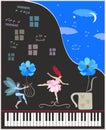 Creative vector illustration with black concert grand piano, winged fairy and fairy ballerina, blue cosmos flowers, musical notes