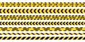 Creative vector illustration of black and yellow police stripe border. Set of danger caution seamless tapes. Art design line of cr