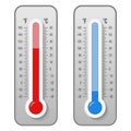 Creative vector illustration of celsius, fahrenheit meteorology thermometers scale isolated on background. Heat, hot, cold signs. Royalty Free Stock Photo