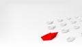 Creative vector illustration of 3d red paper ship leading among white isolated on background. Business leadership different boat a