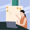 Creative Vector illustration drawing of a beautiful entrepreneur working and talking video online with laptop and chart board in Royalty Free Stock Photo