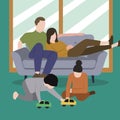 Creative Vector illustration drawing of Children sister and brother playing drawing together on floor while young parents relaxing Royalty Free Stock Photo
