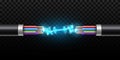Creative vector illustration of electric glowing lightning between colored break cable, copper wires with circuit sparks