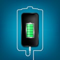 Creative vector illustration of full charged battery smartphone with cellphone usb plugs cable isolated on background Royalty Free Stock Photo