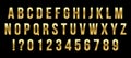 Creative vector illustration of golden glossy font, gold alphabet, metal typeface isolated on transparent background