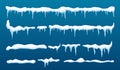 Creative vector illustration of ice icicle, caps, snowflakes set isolated on background. Winter snow clouds template art Royalty Free Stock Photo