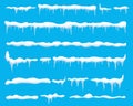 Creative vector illustration of ice icicle, caps, snowflakes set isolated on background. Winter snow clouds template art design. S Royalty Free Stock Photo