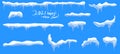 Creative vector illustration of icicles, caps, snowflakes set isolated on a blue background. Winter snow clouds art design Royalty Free Stock Photo