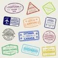Creative vector illustration of international business travel visa passport stamp set isolated on transparent background. Art desi Royalty Free Stock Photo