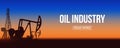 Creative vector illustration of oil pump industry silhouette, field pumpjack, rig drill over sunset isolated on Royalty Free Stock Photo