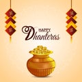 Creative vector illustration of shubh dhanteras celebration greeting card with creative gold coin pot