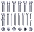 Creative vector illustration of steel brass bolts, metal screws, iron nails, rivets, washers, nuts hardware side view