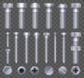 Creative vector illustration of steel brass bolts, metal screws, iron nails, rivets, washers, nuts hardware side view