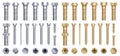 Creative vector illustration of steel brass bolts, metal screws, iron nails, rivets, washers, nuts hardware side view