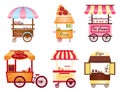 Creative vector illustration of street coffee cart, popcorn and hot dog shop, pizza, ice cream and donut shop set on