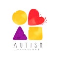 Creative vector logo with abstract textured shapes: circle, heart, triangle and square. Autism Awareness Day emblem