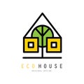 Creative vector logo of eco house with windows and green tree. Insignia for building company or real estate agency Royalty Free Stock Photo